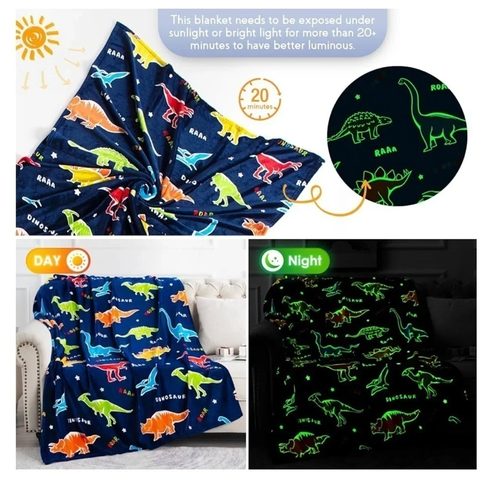 NWT Colorful Dinosaur Blanket Glow in the Dark  Blue 50